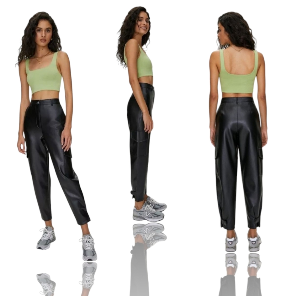 WILFRED/ ARITZIA Women's The Modern Black Vegan Leather Hi-Rise Cargo Pants